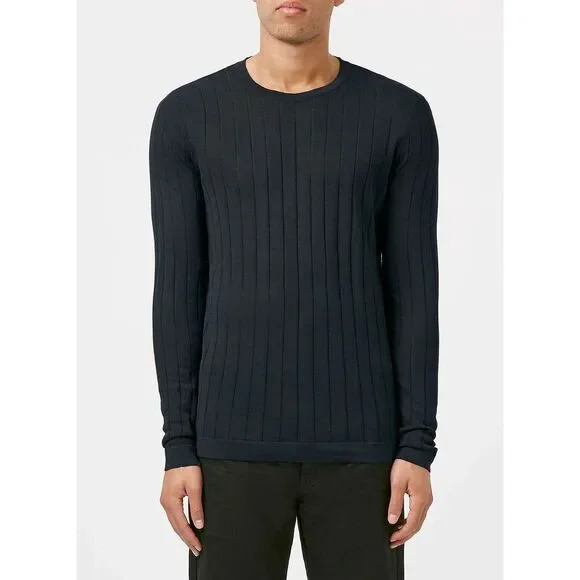 Topman New Premium Navy Pima Cotton Rib Sweater Retail $65 Crew Neck Mens Small - Picture 1 of 3